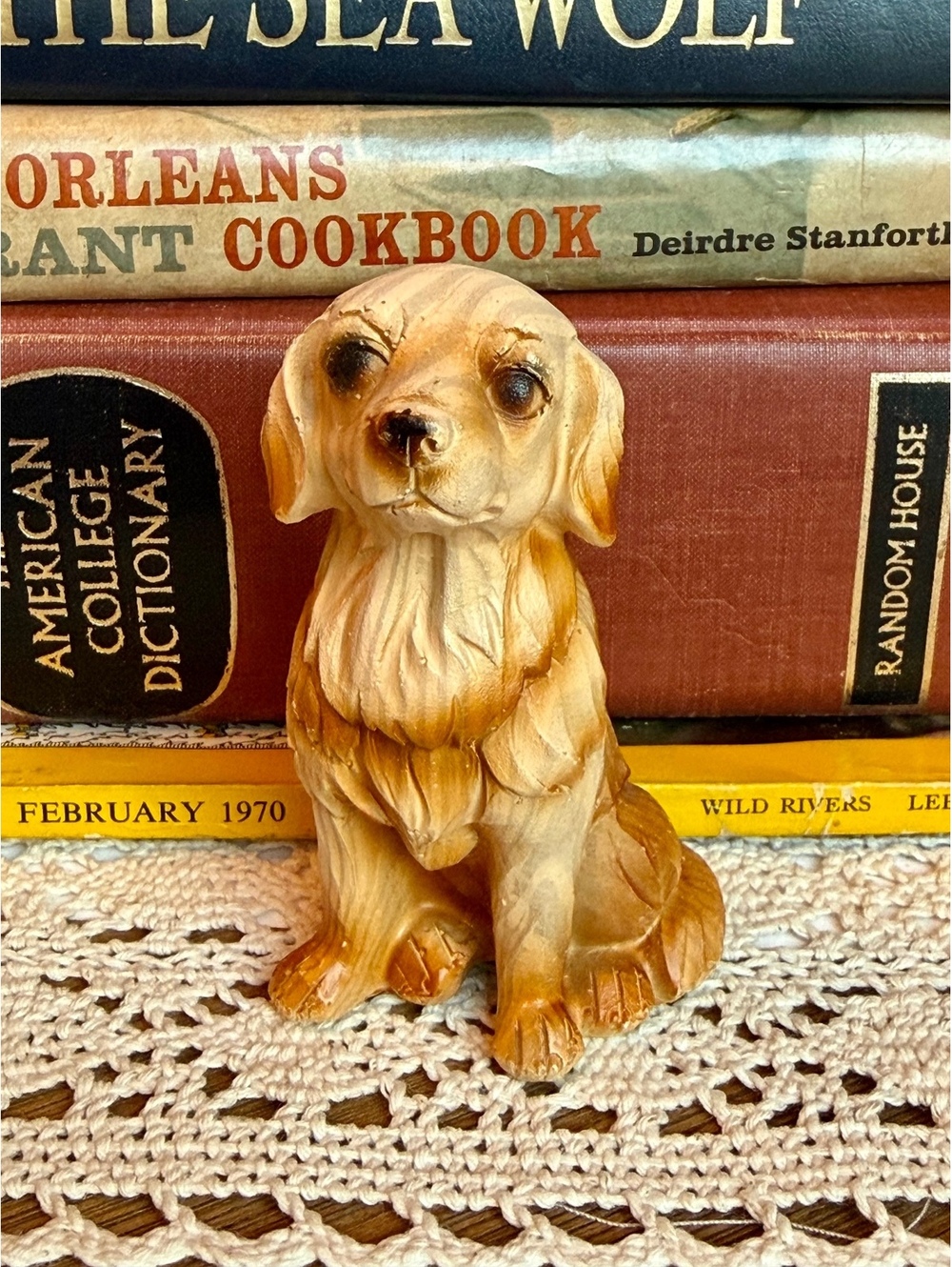 Vintage Resin Dog Figurine Sitting Puppy Faux Carved Wood Look Home Decor